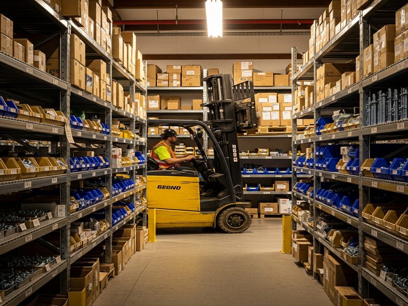 Sunstate Fasteners warehouse — forklift in aisle